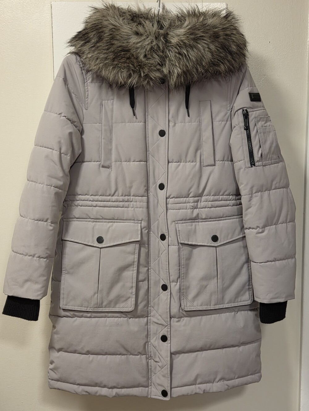 BCBGMAXAZRIA Light Clay Grey Long Winter Coat Removable Faux Fur Medium